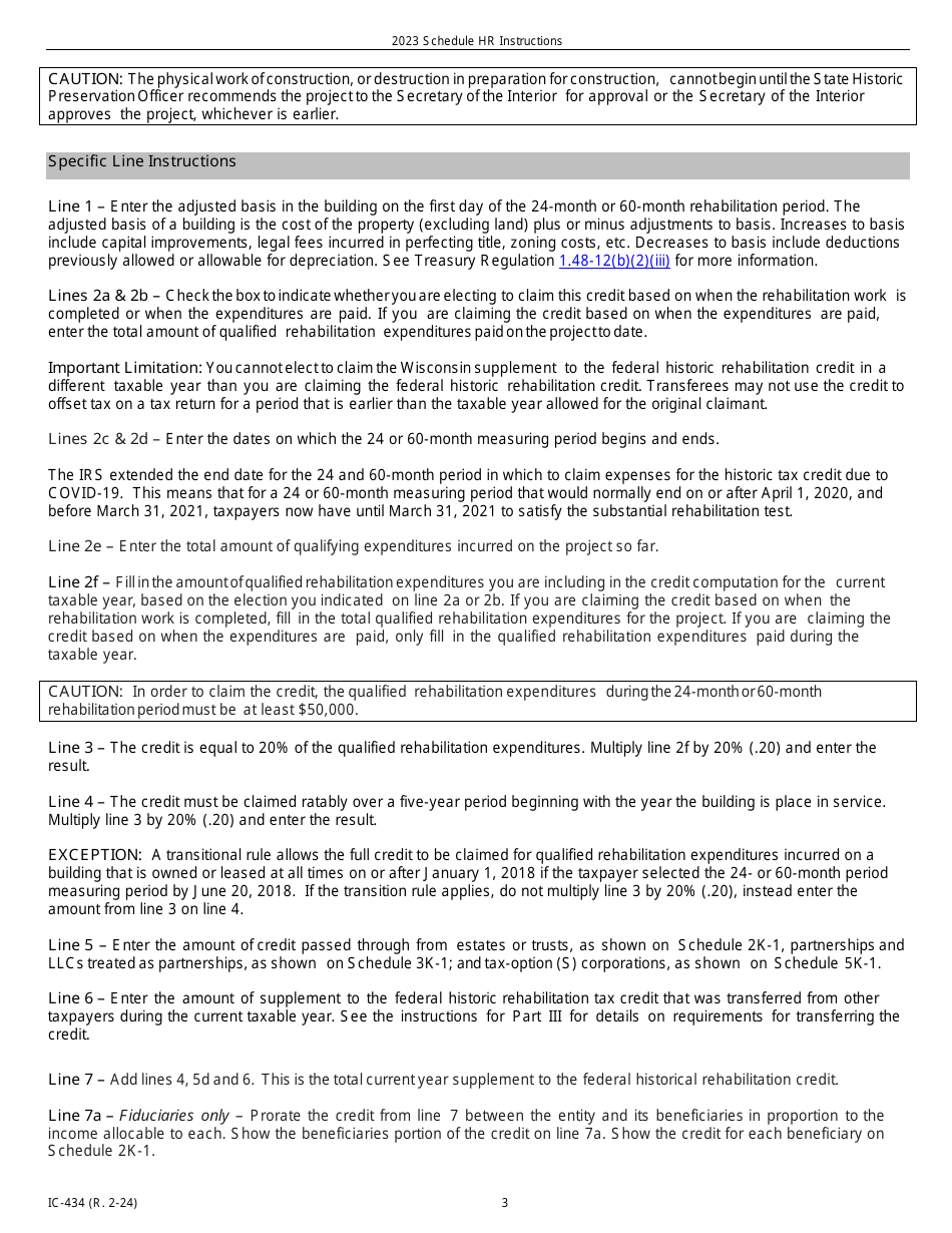 Instructions for Form IC-034 Schedule HR Wisconsin Historic Rehabilitation Credits - Wisconsin, Page 3
