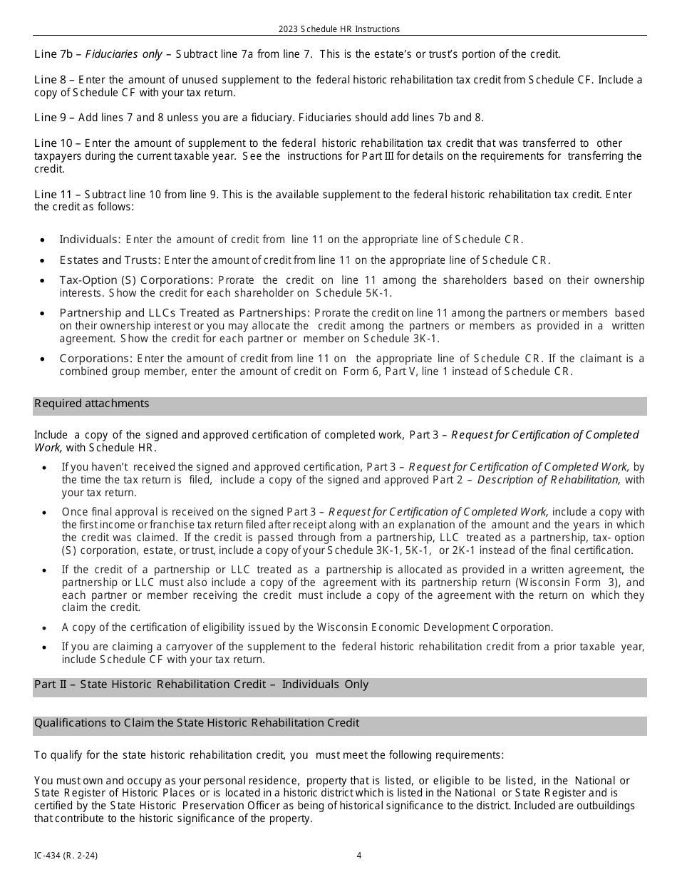 Instructions for Form IC-034 Schedule HR Wisconsin Historic Rehabilitation Credits - Wisconsin, Page 4