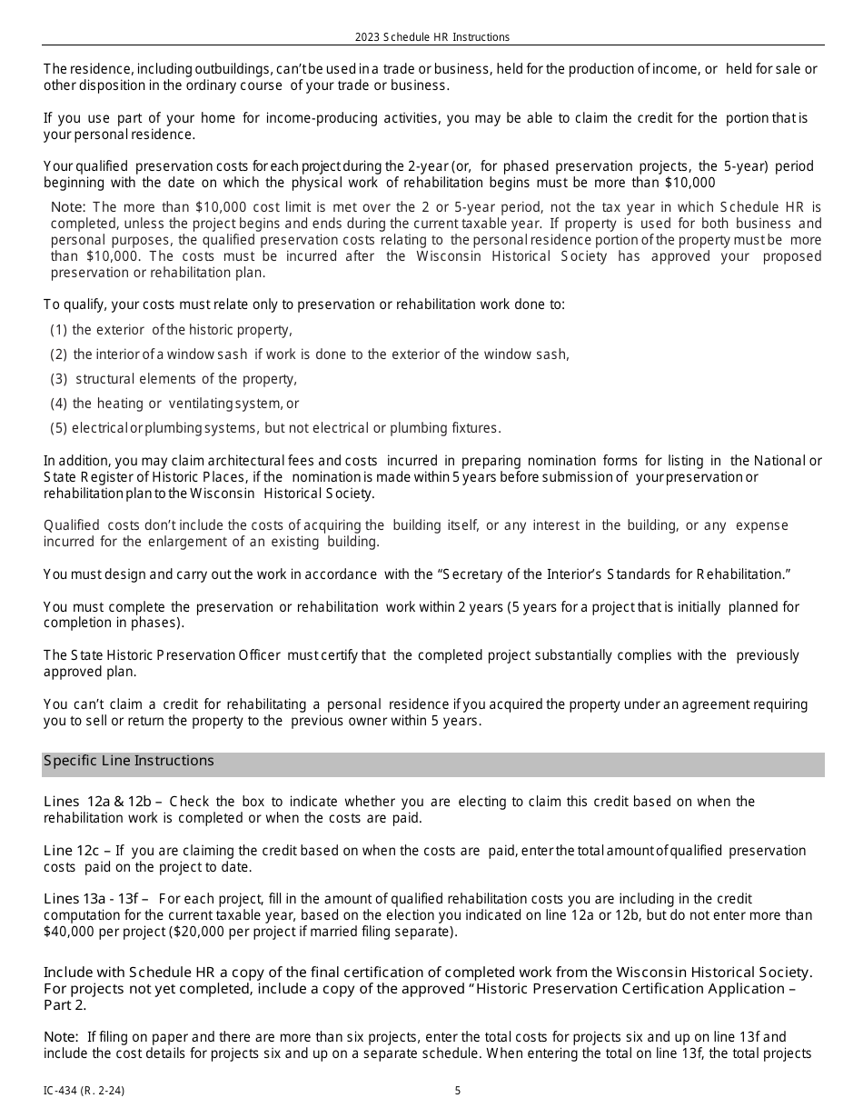 Instructions for Form IC-034 Schedule HR Wisconsin Historic Rehabilitation Credits - Wisconsin, Page 5