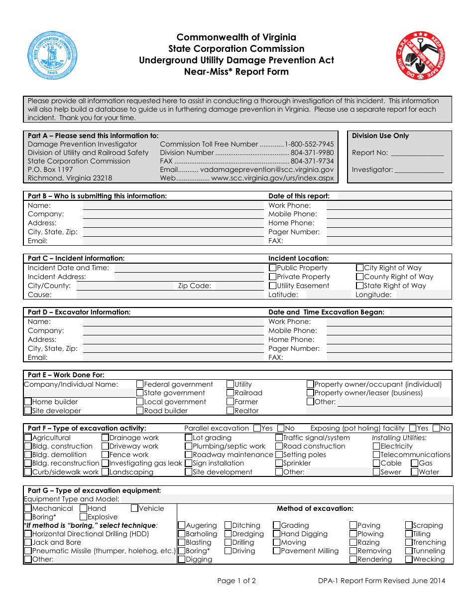 Form DPA-1 Near-Miss Report Form - Virginia, Page 1