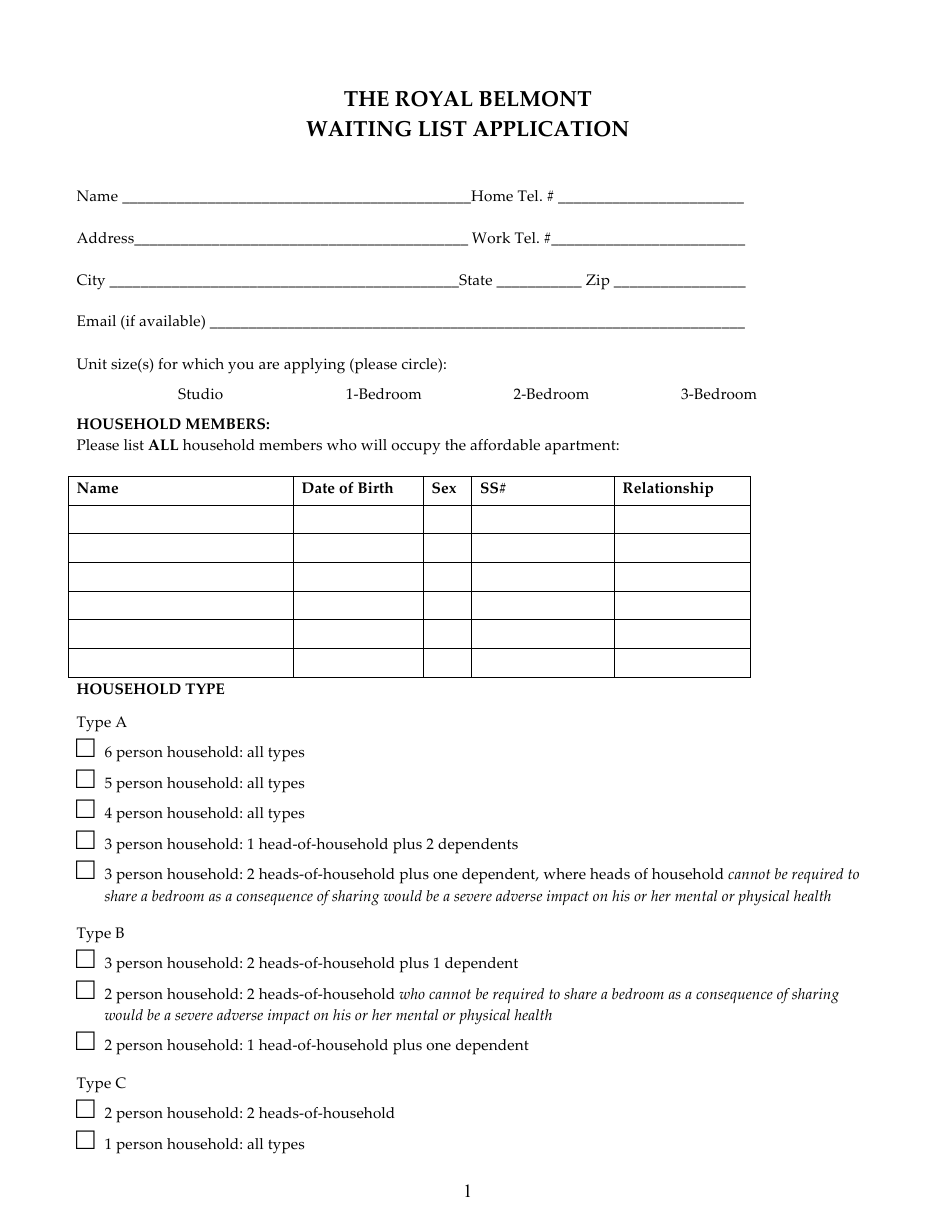 Waiting List Application Form - the Royal Belmont, Page 1