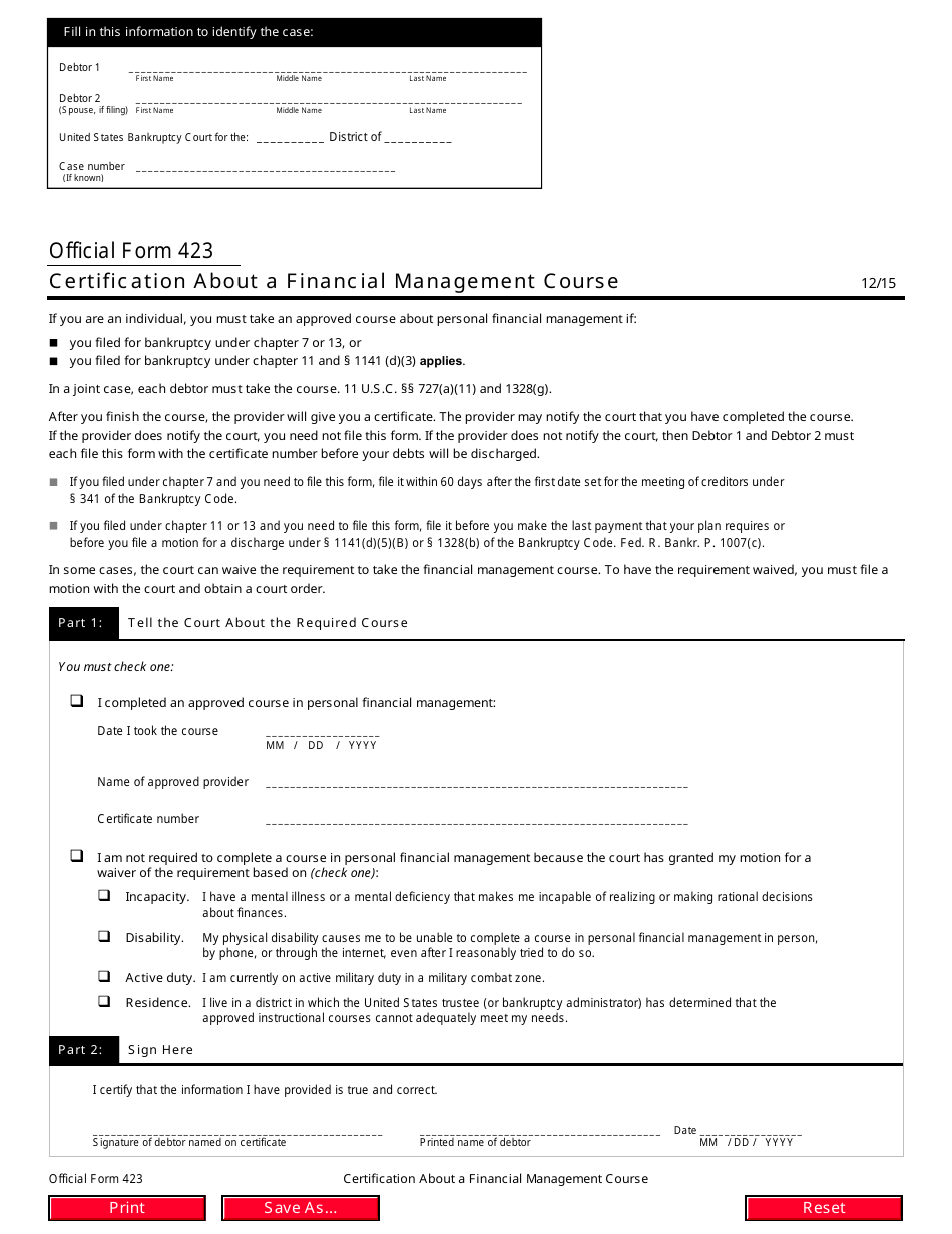 Official Form 423 Certificate About a Financial Management Course, Page 1
