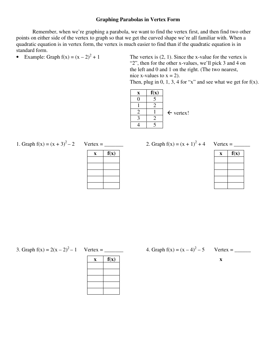 Graphing Parabolas in Vertex Form Worksheet, Page 1