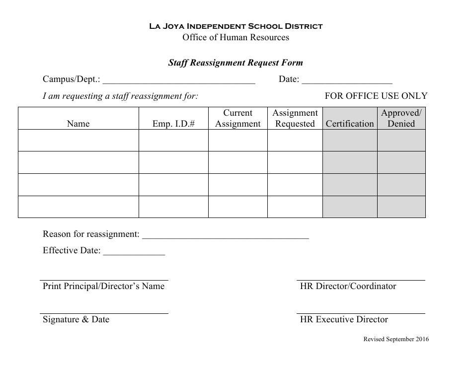Staff Reassignment Request Form - La Joya Independent School District, Page 1