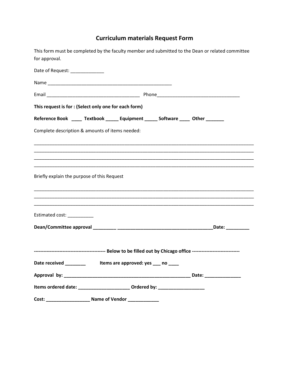Curriculum Materials Request Form, Page 1