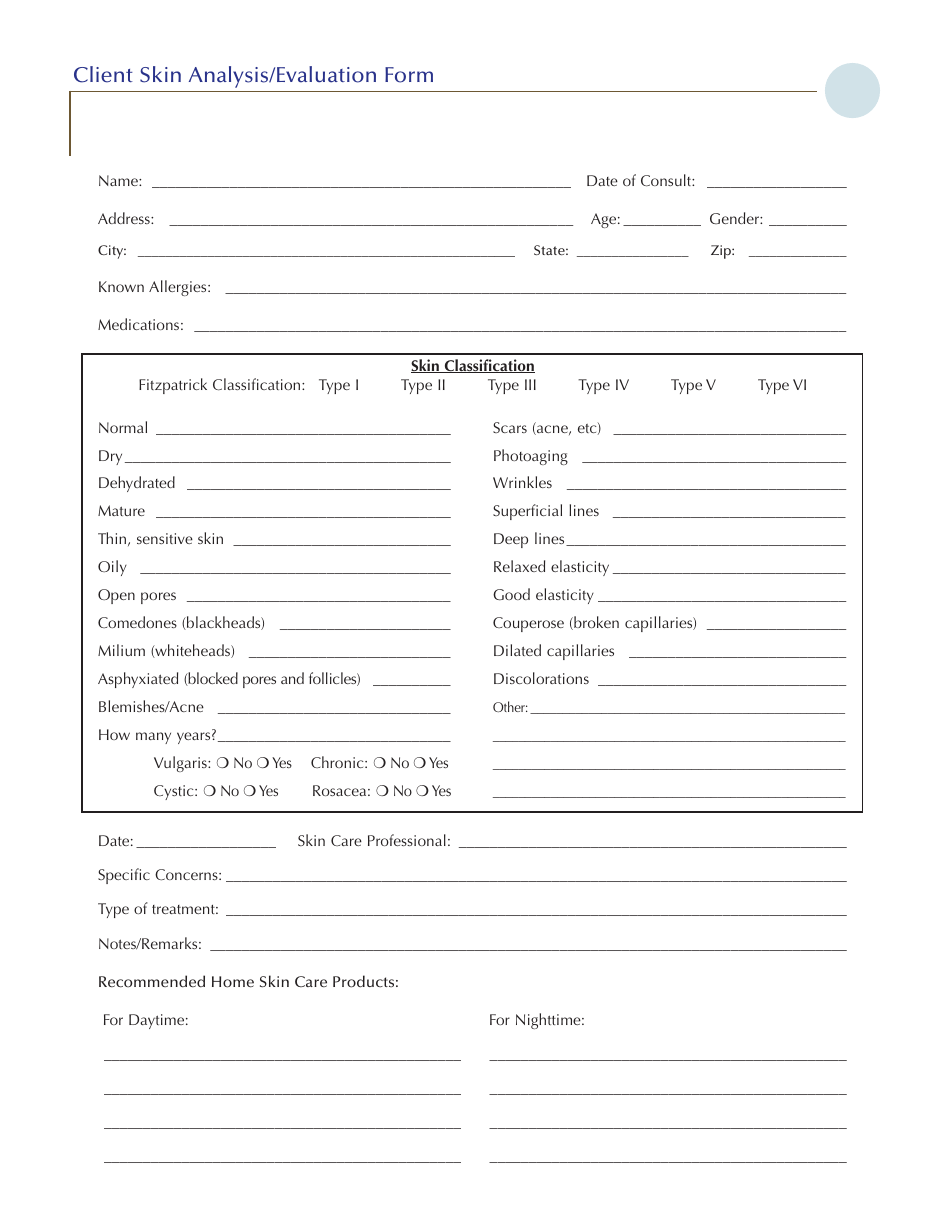 skin report template Client Skin Analysis/Evaluation Form Download Printable PDF