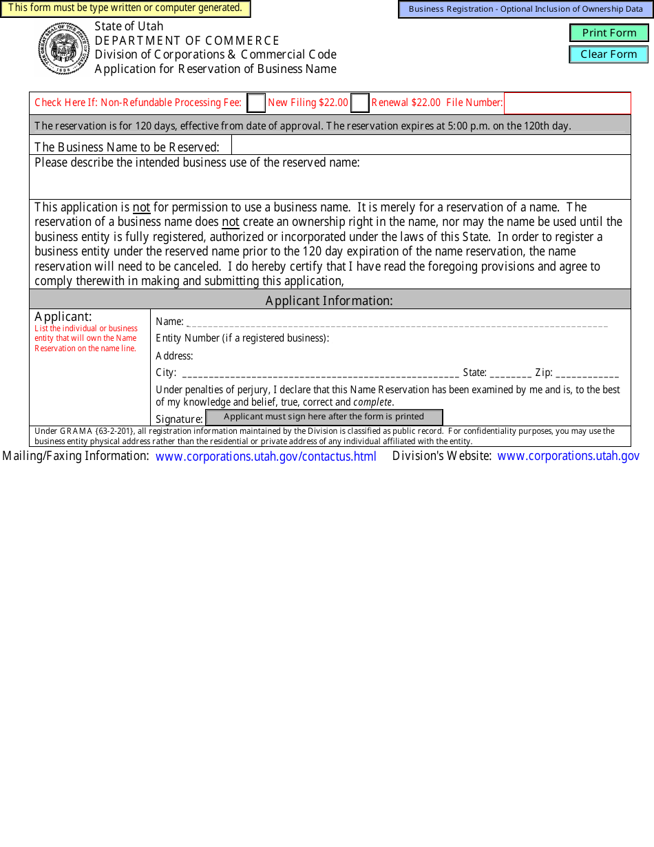 Application for Reservation of Business Name - Utah, Page 1