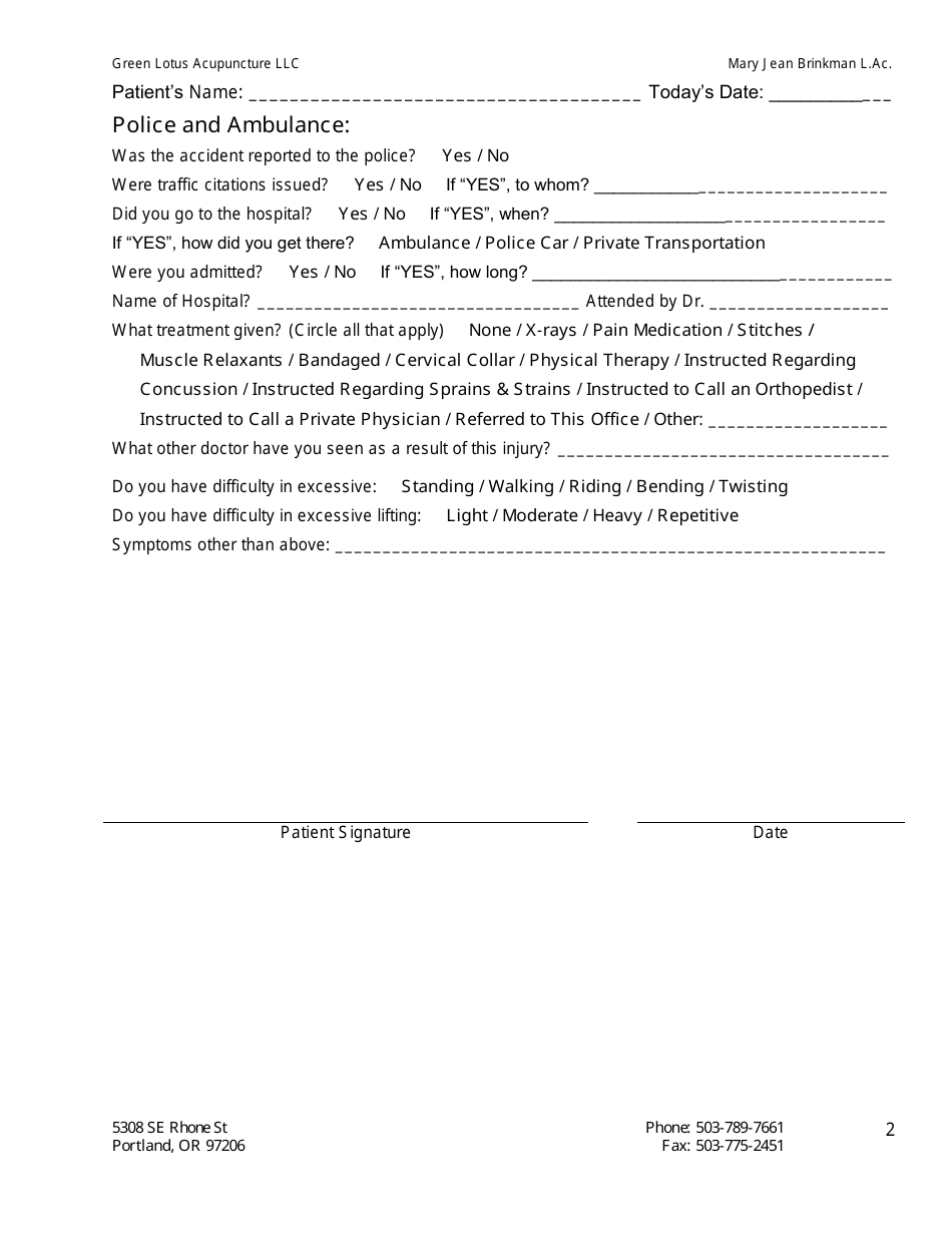Auto Accident Mechanism of Injury Form - Green Lotus Acupuncture, Page 2