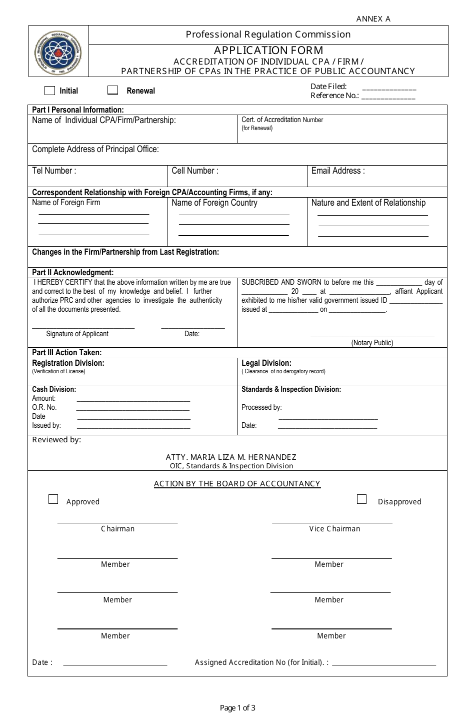 Annex A Application Form - Accreditation of Individual CPA / Firm / Partnership of Cpas in the Practice of Public Accountancy - Philippines, Page 1