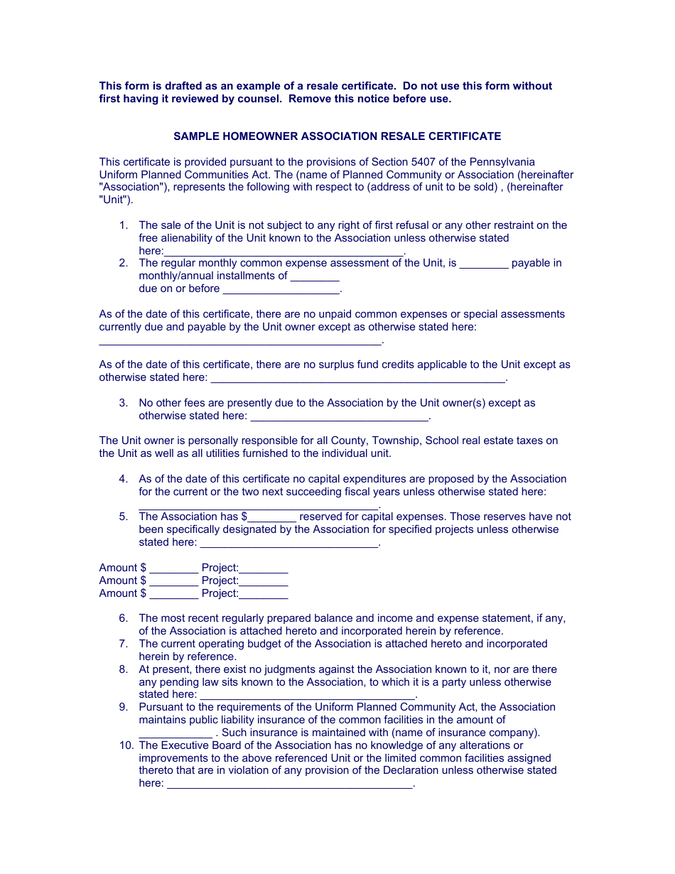 Homeowner Association Resale Certificate - Pennsylvania Example Document