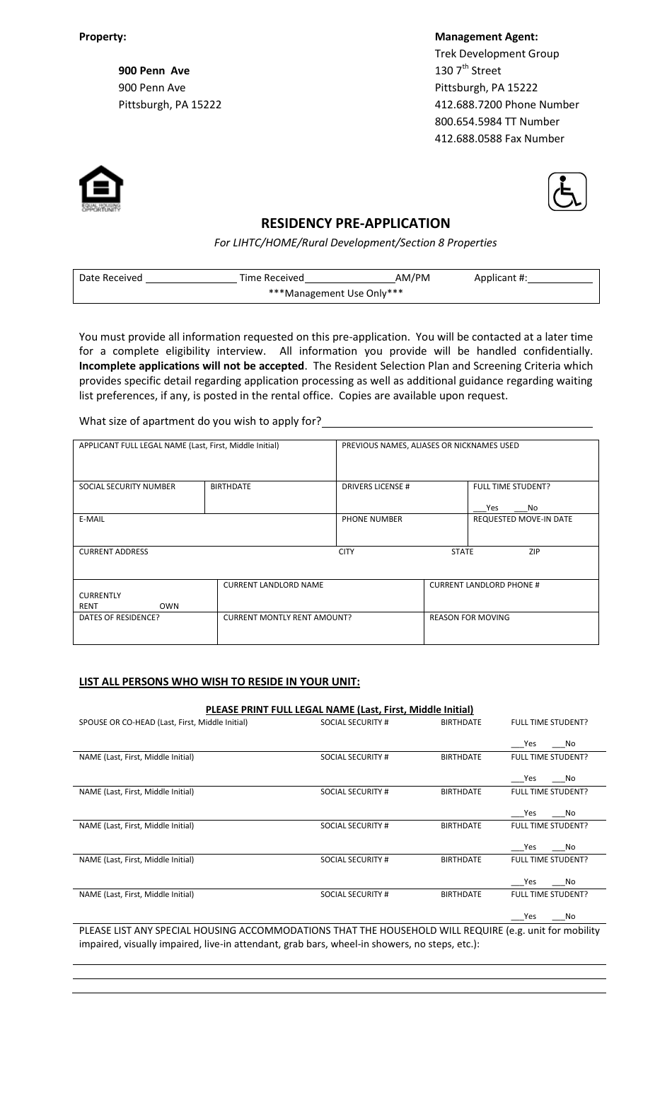Residency Pre-application Form for LIHTC / Home / Rural Development / Section 8 Properties - Trek Development Group - Pennsylvania, Page 1