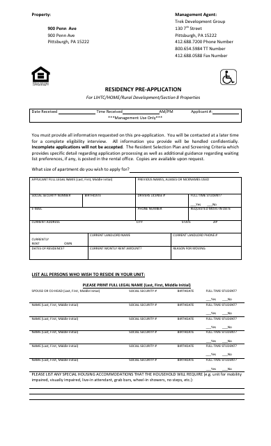 Residency Pre-application Form for LIHTC/Home/Rural Development/Section 8 Properties - Trek Development Group - Pennsylvania