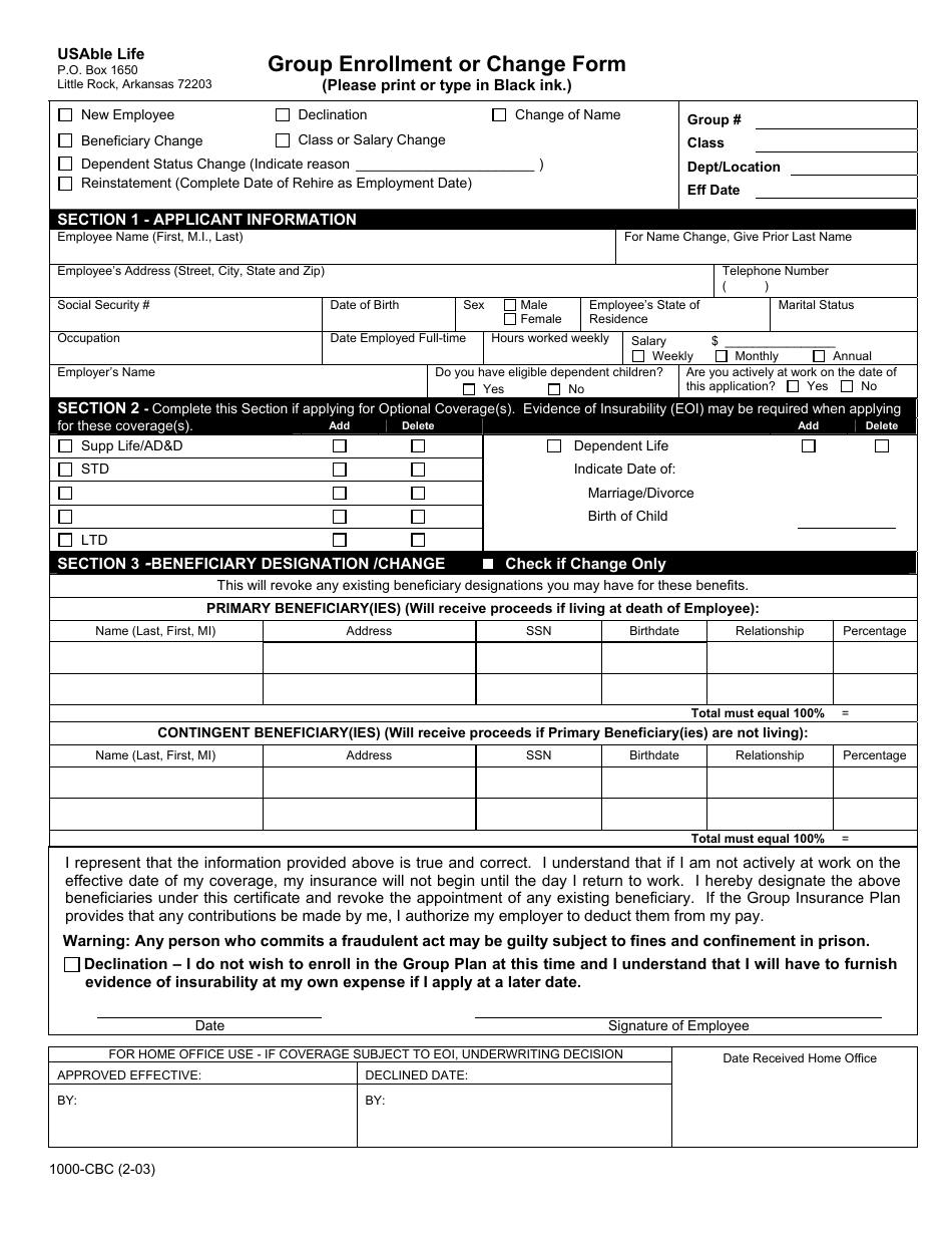 Group Enrollment or Change Form - Usable Life, Page 1