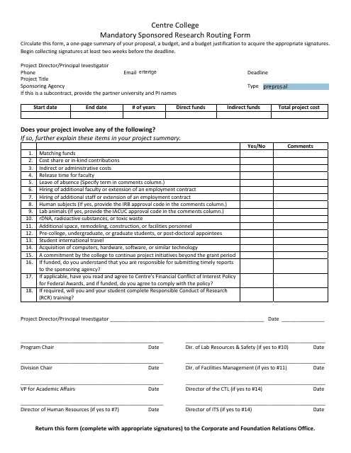 &quot;Mandatory Sponsored Research Routing Form - Centre College&quot; Download Pdf