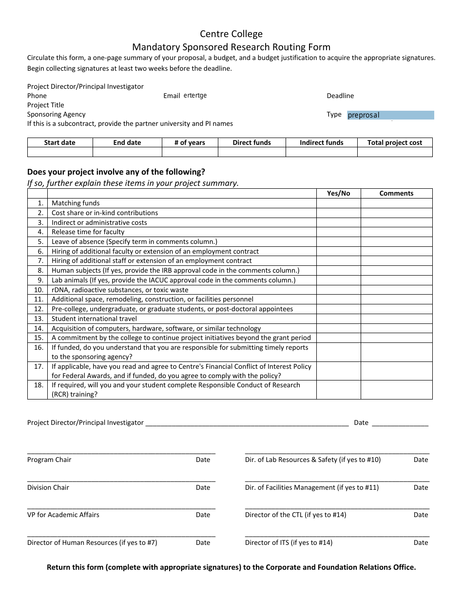 Mandatory Sponsored Research Routing Form - Centre College, Page 1