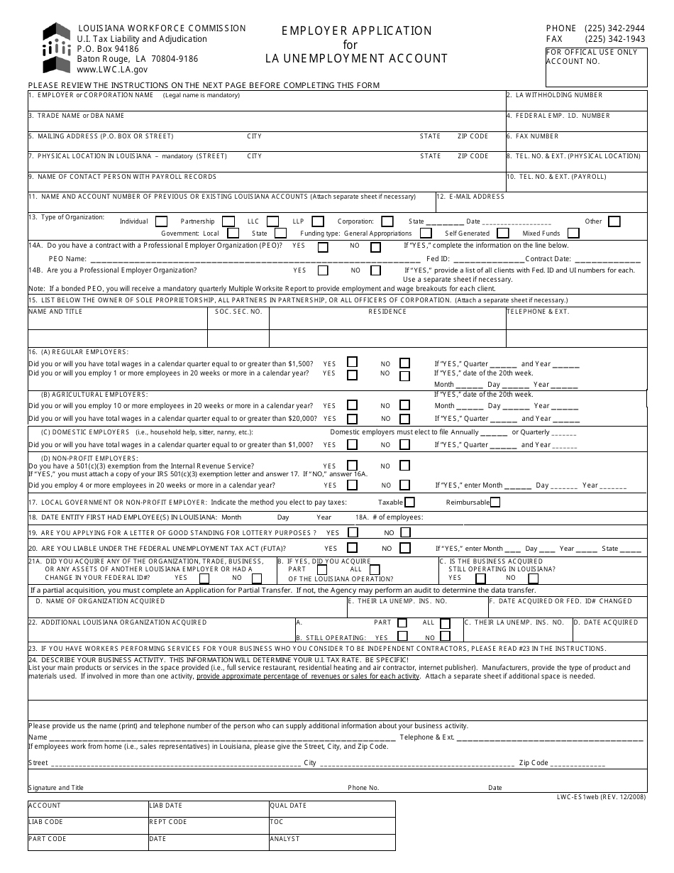 Form LWC-ES1 Employer Application for La Unemployment Account - Louisiana, Page 1