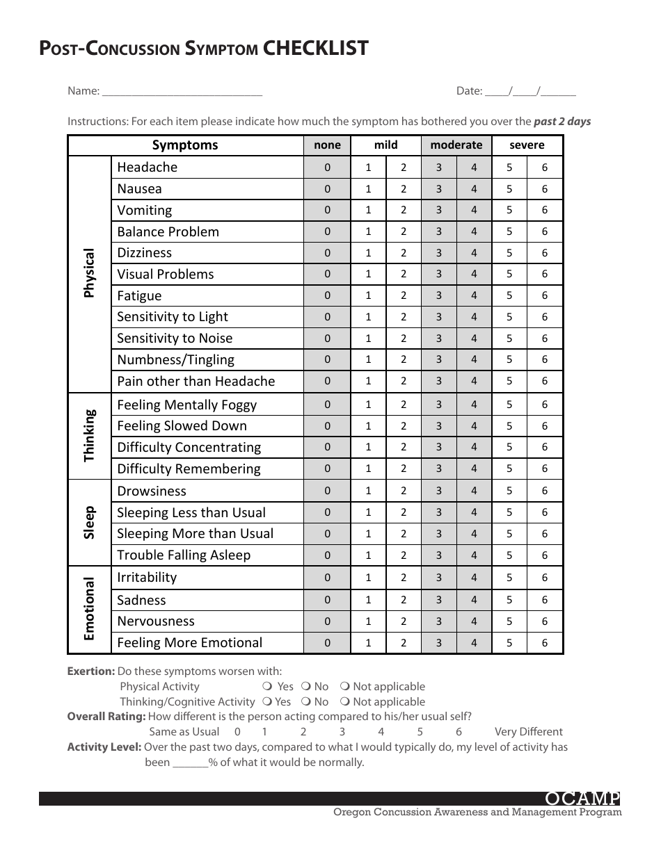 Post-concussion Symptom Checklist Template - Ocamp Download Printable ...