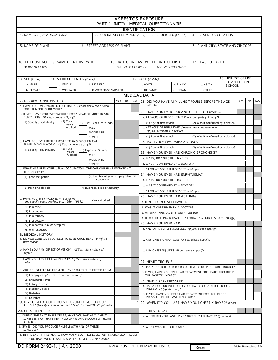 DD Form 2493-1 Asbestos Exposure Part I - Initial Medical Questionnaire, Page 1