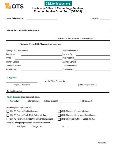 Form OTS-38 Ethernet Service Order Form - Louisiana