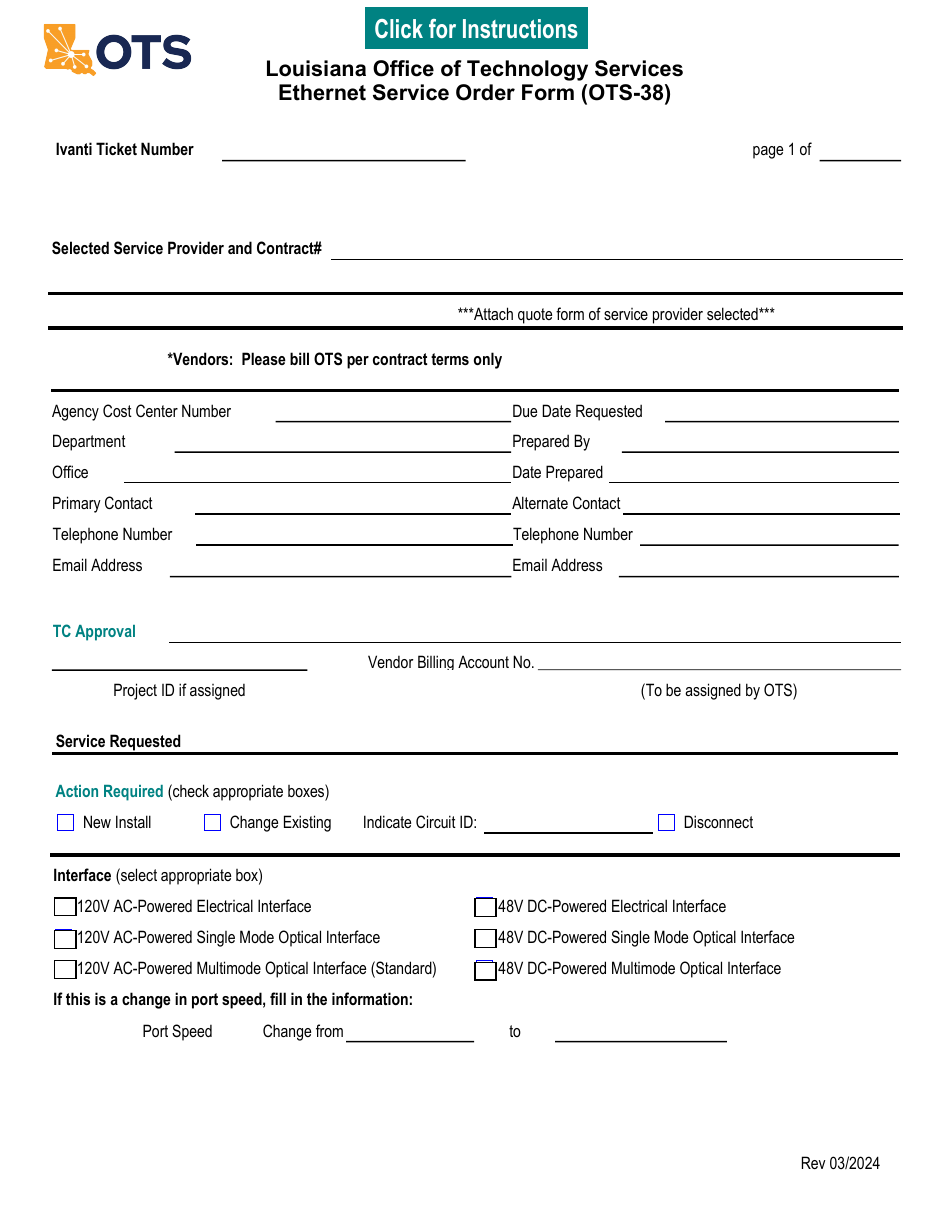 Form OTS-38 Ethernet Service Order Form - Louisiana, Page 1