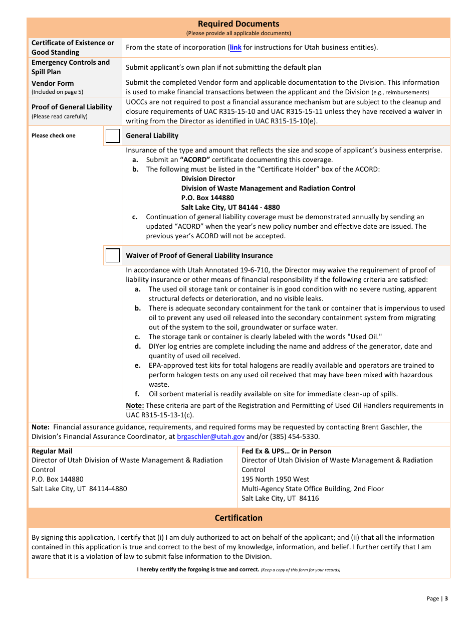 Used Oil Collection Center Registration Application - Utah, Page 3