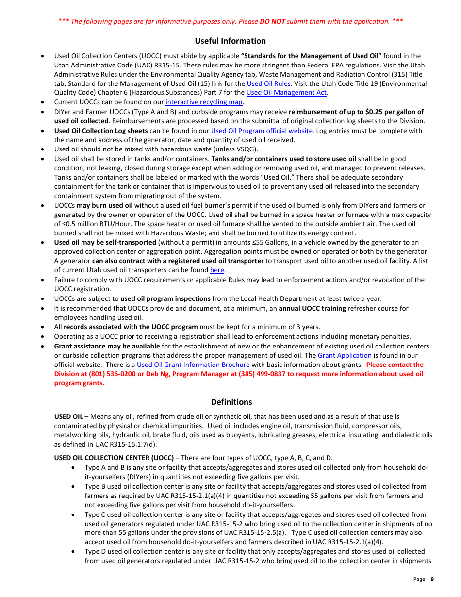 Used Oil Collection Center Registration Application - Utah, Page 9