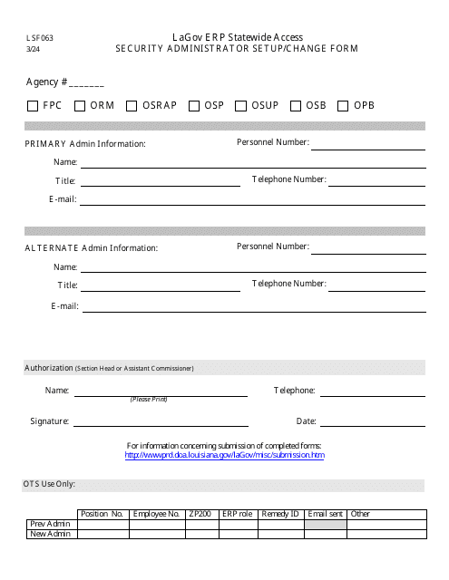 Form LSF063 Lagov Erp Statewide Access Security Administrator Setup/Change Form - Louisiana