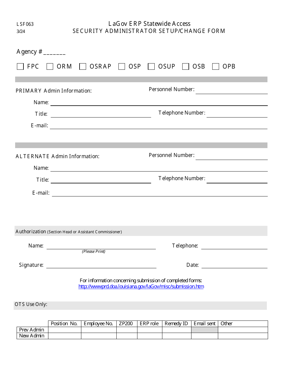 Form LSF063 Lagov Erp Statewide Access Security Administrator Setup / Change Form - Louisiana, Page 1