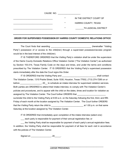 Order for Supervised Possession by Harris County Domestic Relations Office - Harris County, Texas