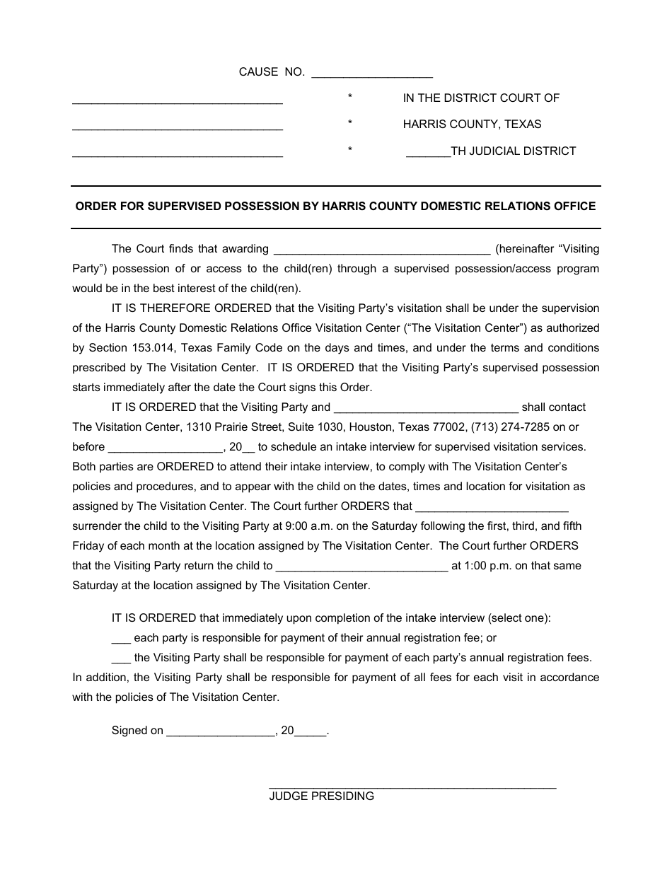 Order for Supervised Possession by Harris County Domestic Relations Office - Harris County, Texas, Page 1