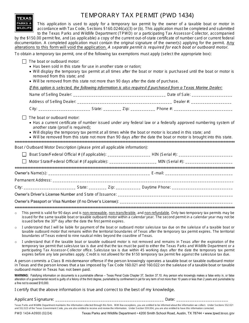 Form PWD1434 Temporary Tax Permit - Texas, Page 1