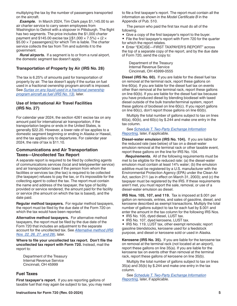 Instructions for IRS Form 720 Quarterly Federal Excise Tax Return, Page 5
