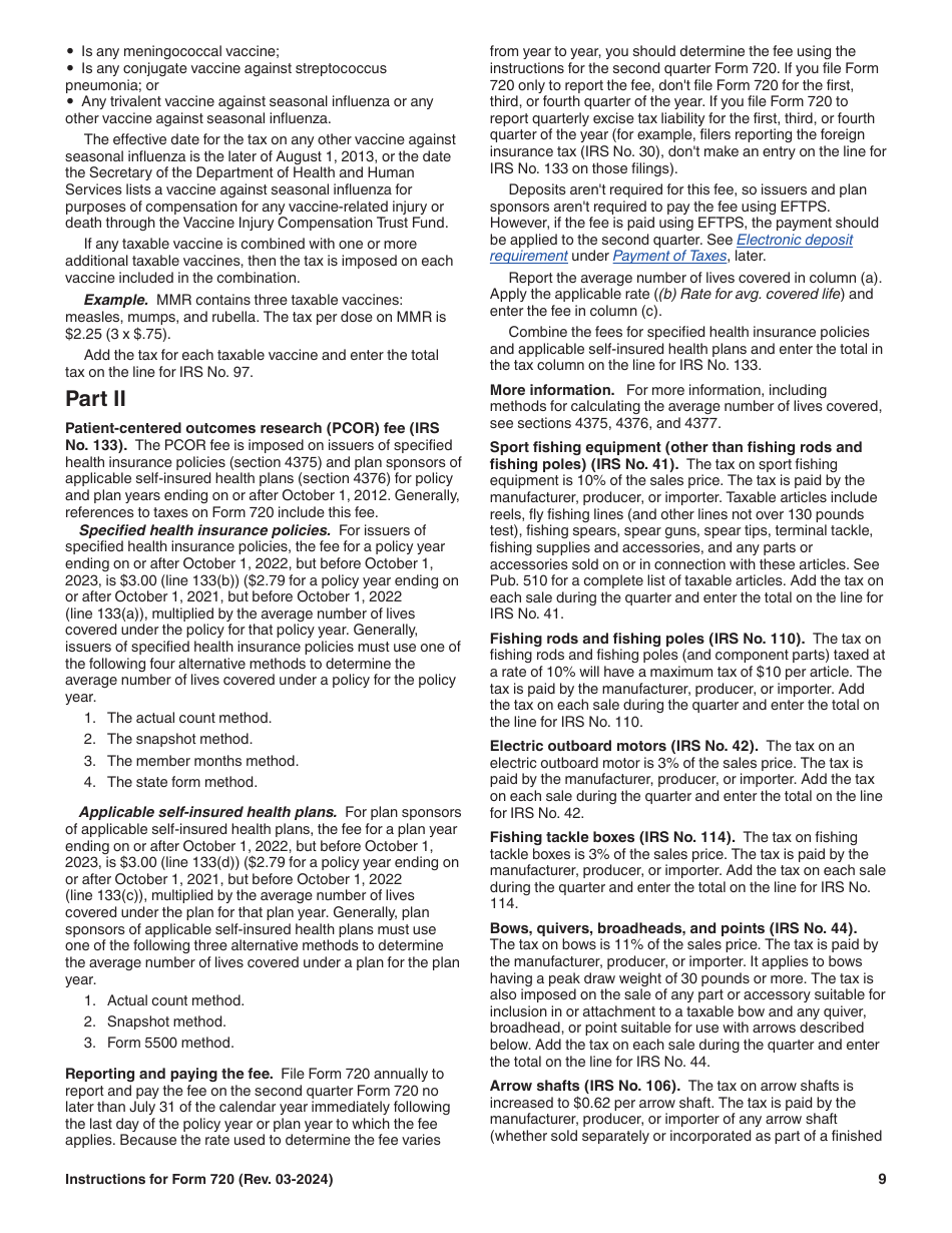 Instructions for IRS Form 720 Quarterly Federal Excise Tax Return, Page 9