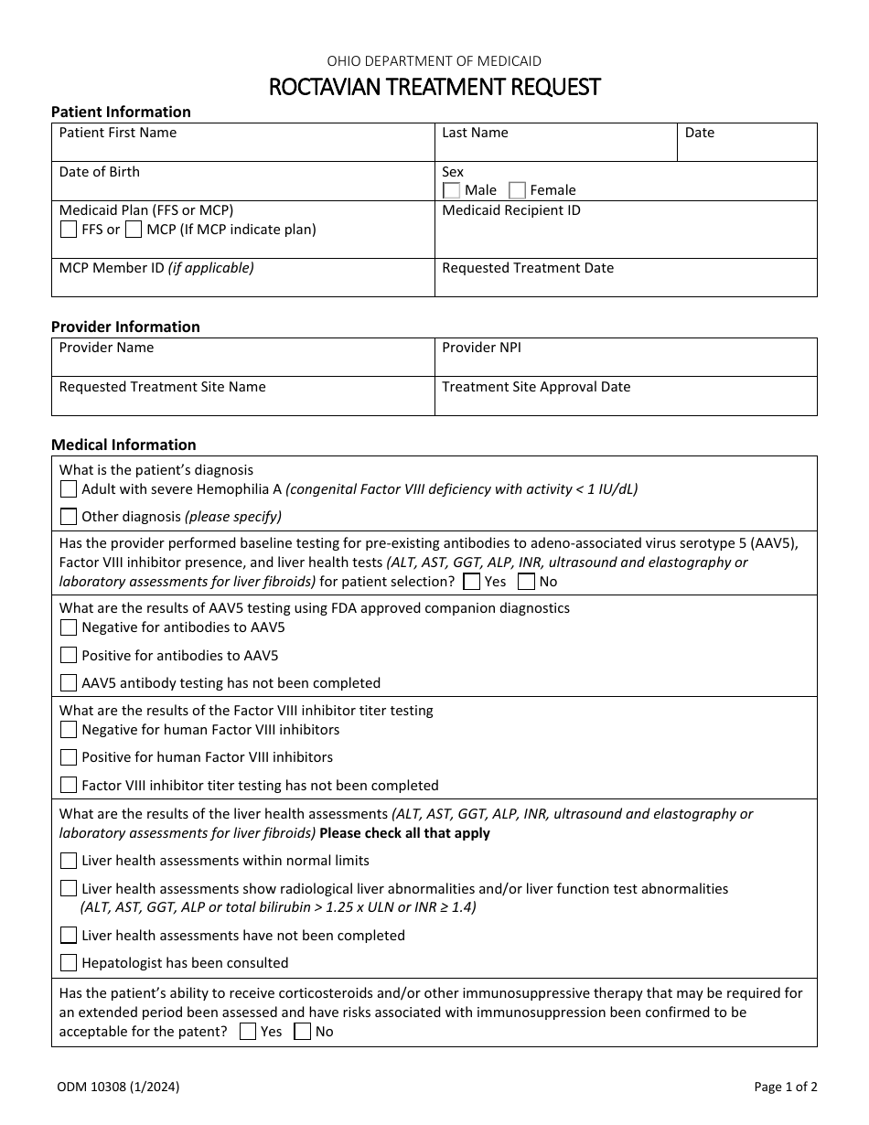 Form ODM10308 Roctavian Treatment Request - Ohio, Page 1