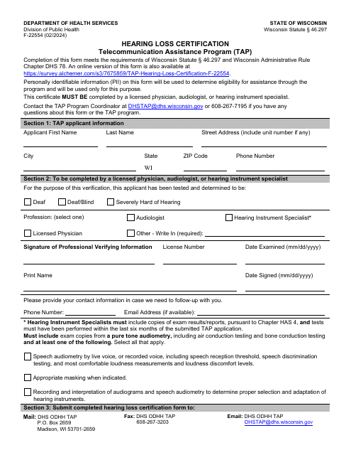 Form F-22554 Hearing Loss Certification - Telecommunication Assistance Program (Tap) - Wisconsin