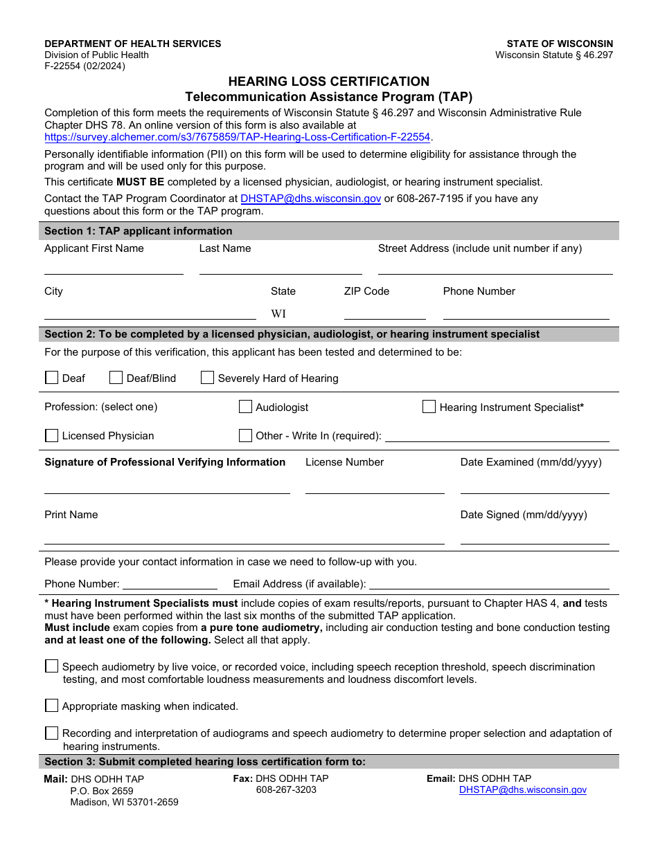 Form F-22554 Hearing Loss Certification - Telecommunication Assistance Program (Tap) - Wisconsin, Page 1