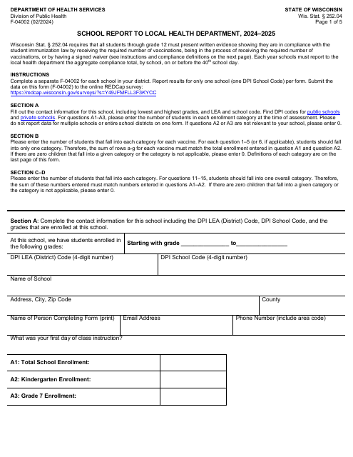 Form F-04002 School Report to Local Health Department - Wisconsin, 2025