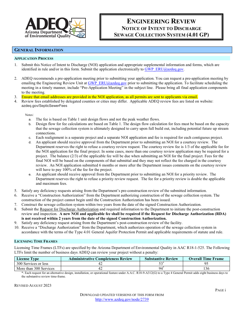 Engineering Review Notice of Intent to Discharge Sewage Collection System (4.01 Gp) - Arizona, Page 1