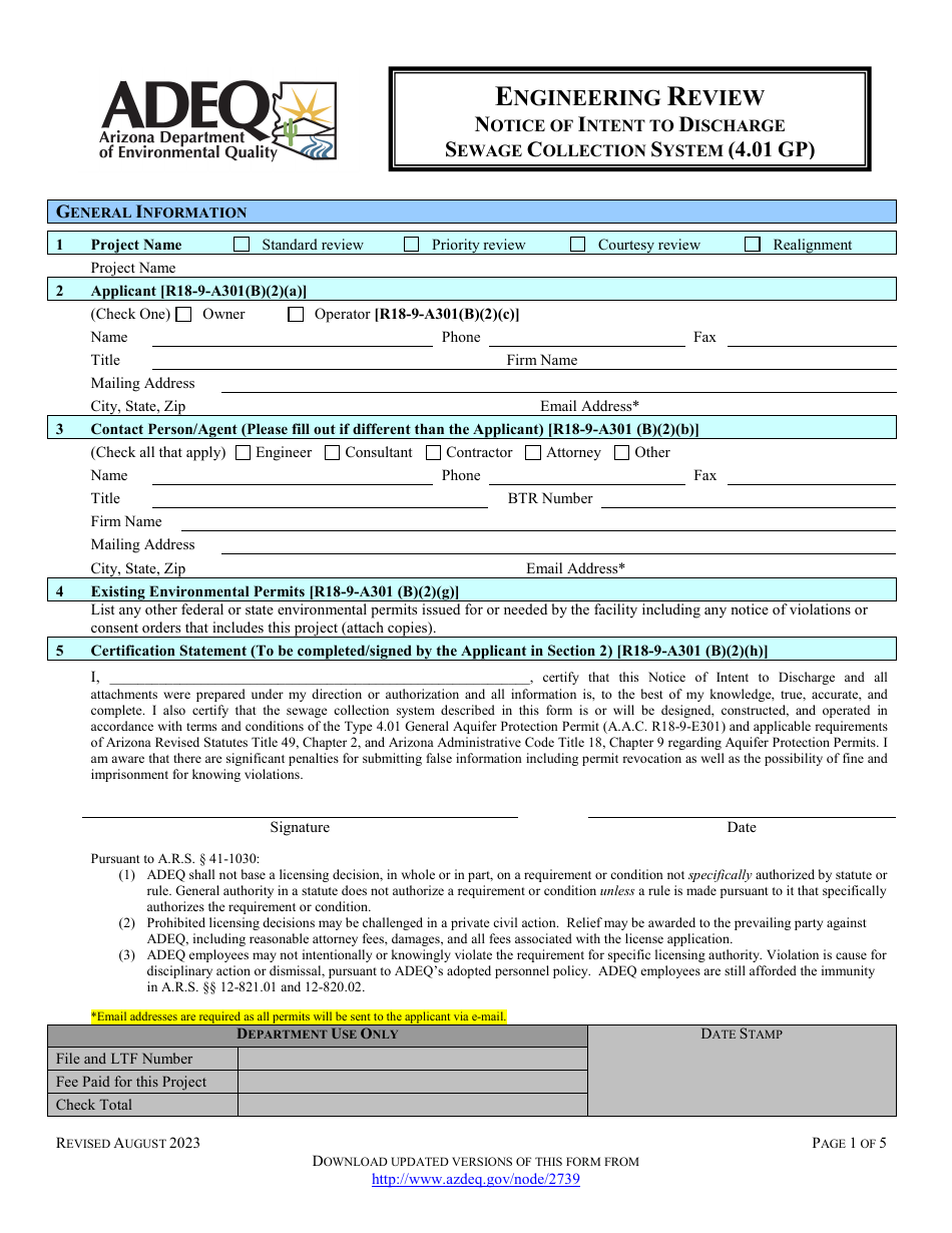 Engineering Review Notice of Intent to Discharge Sewage Collection System (4.01 Gp) - Arizona, Page 5