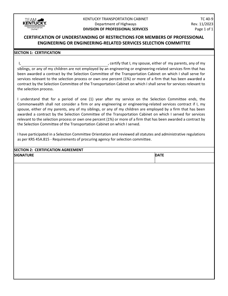 Form TC40-9 Certification of Understanding of Restrictions for Members of Professional Engineering or Engineering-Related Services Selection Committee - Kentucky, Page 1