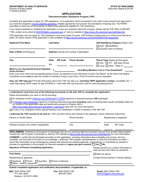 Form F-02306 Application for Telecommunication Assistance Program (Tap) - Wisconsin