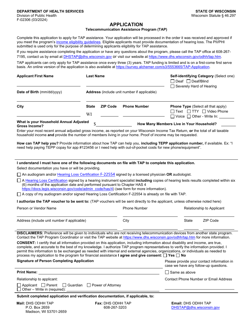 Form F-02306 Application for Telecommunication Assistance Program (Tap) - Wisconsin, Page 1