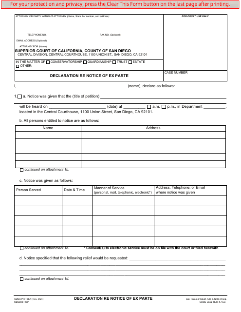 Form SDSC PR-136A Declaration Re Notice of Ex Parte - County of San Diego, California