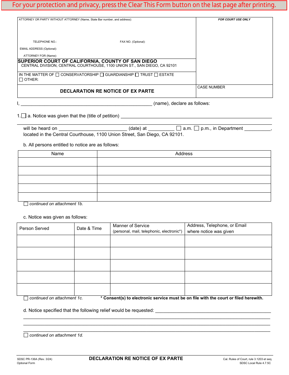 Form SDSC PR-136A Declaration Re Notice of Ex Parte - County of San Diego, California, Page 1