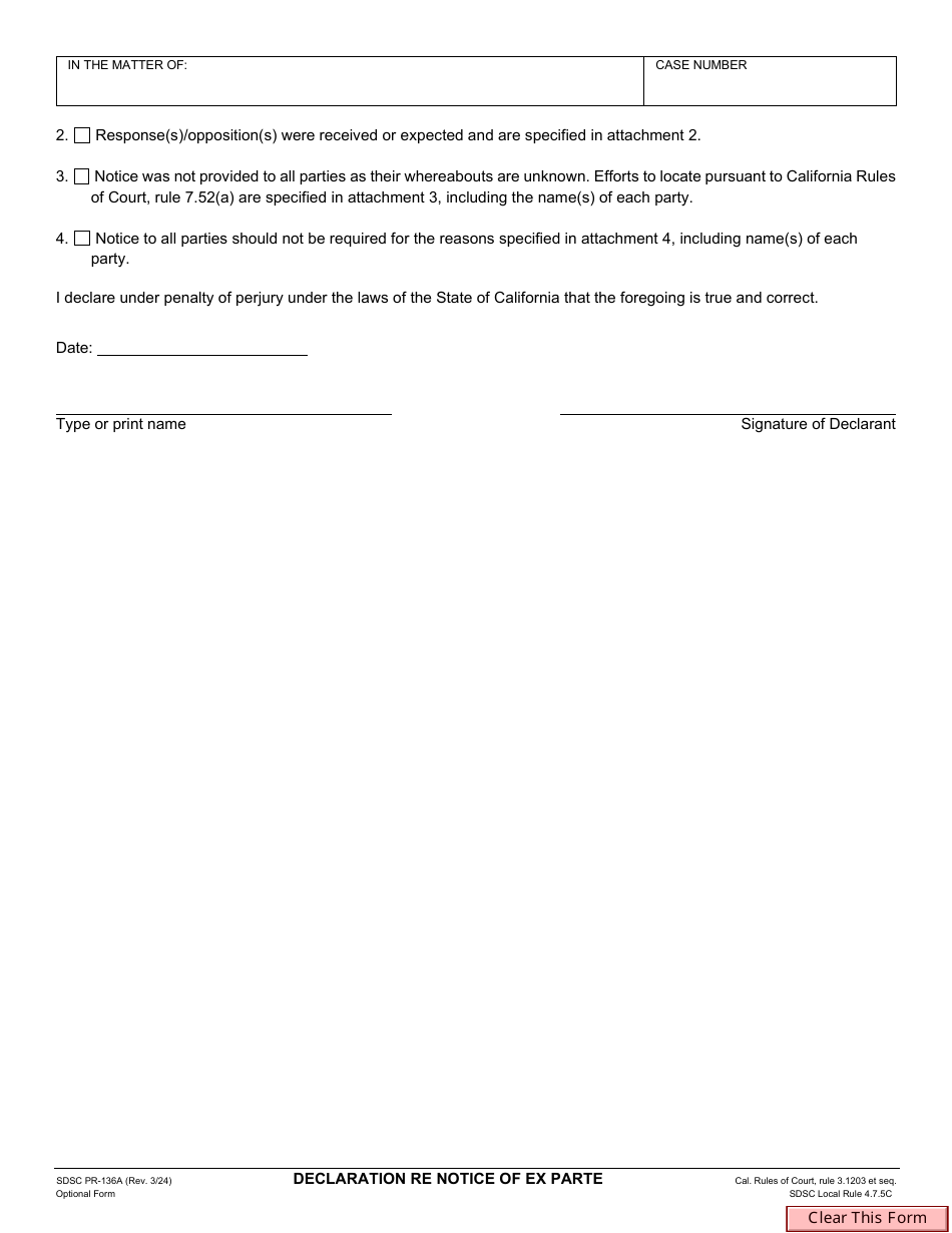 Form SDSC PR-136A Declaration Re Notice of Ex Parte - County of San Diego, California, Page 2