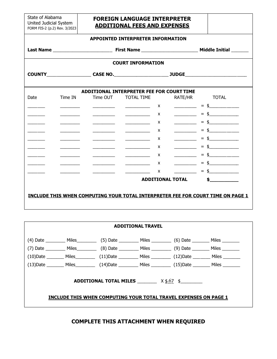 Form FIS-2 Foreign Language Interpreter Claim for Fees and Expenses - Alabama, Page 2