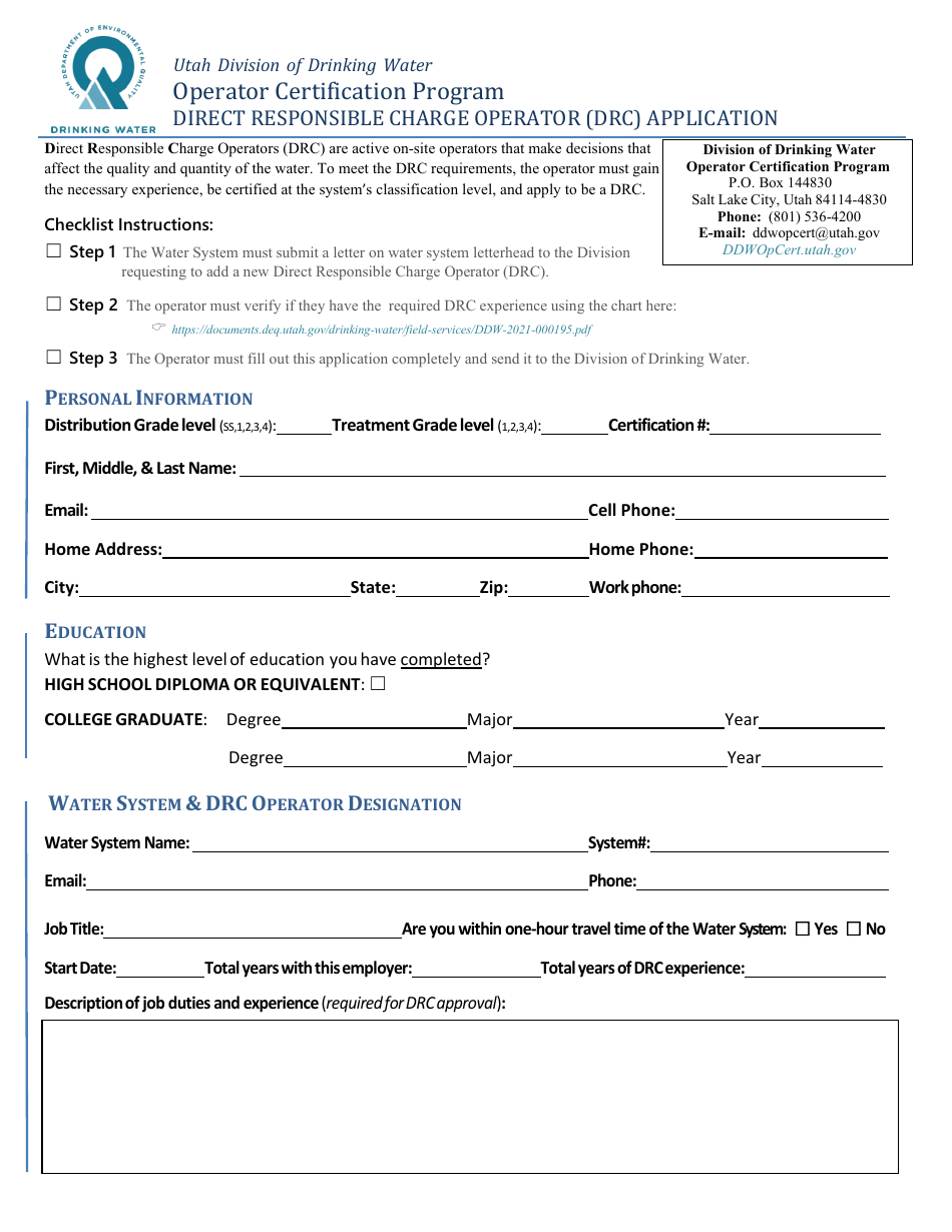 Direct Responsible Charge Operator (Drc) Application - Operator Certification Program - Utah, Page 1