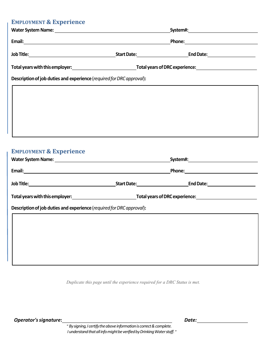 Direct Responsible Charge Operator (Drc) Application - Operator Certification Program - Utah, Page 2