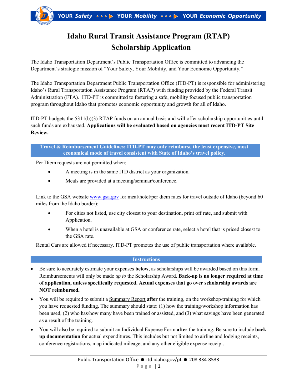 Scholarship Application - Idaho Rural Transit Assistance Program (Rtap) - Idaho, Page 1