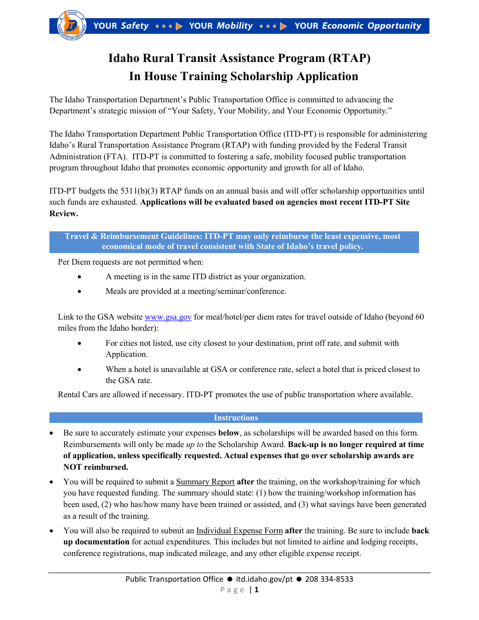 In House Training Scholarship Application - Idaho Rural Transit Assistance Program (Rtap) - Idaho, Page 1
